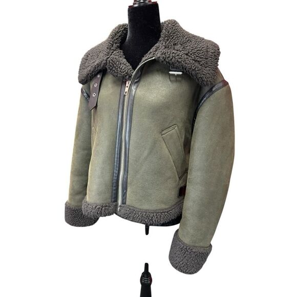 Zara Dark Olive Faux Shearling Double Faced Aviator Jacket Women Size XS Sherpa - Picture 6 of 13